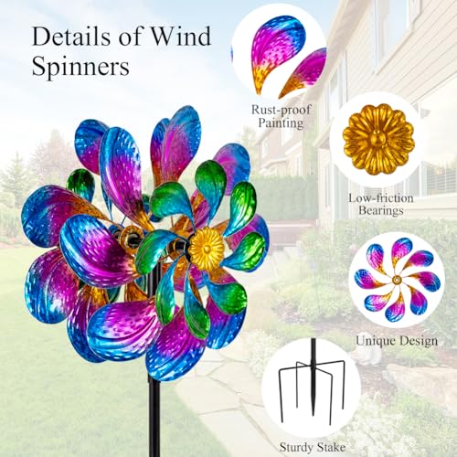 Metal Wind Spinners Outdoor,13'' Dia Purple Garden Wind Spinner & Sculpture,Waterproof Garden Windmill for Yard Art Decorations - size: 13'' Purple