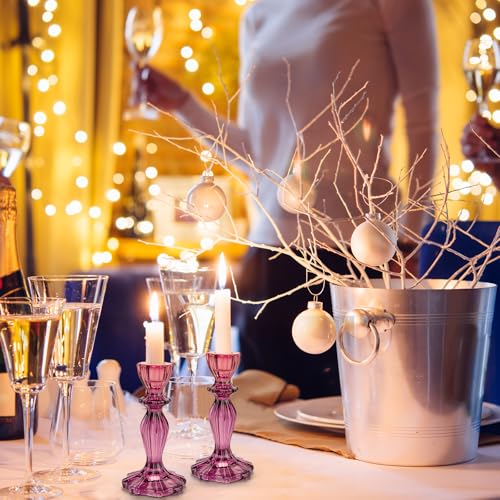 Glass Candle Holders, 2PCS Wide Base Candlestick Holder Decorative Candle Stand Table Centerpieces for Halloween Christmas Wedding Birthday Party, Dark Purple - color: Dark Purple