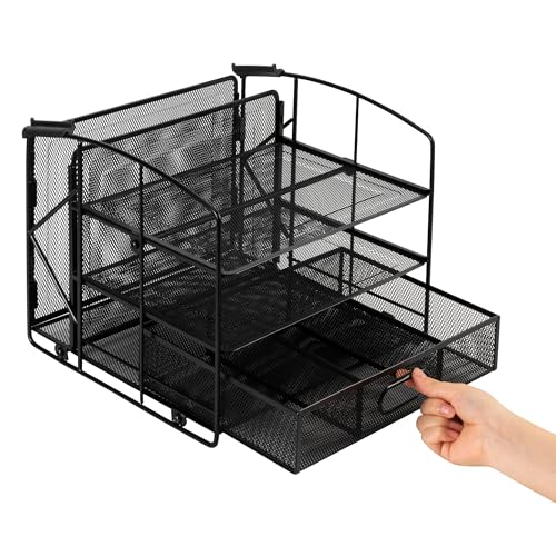 Amazon Basics Sturdy Rectangular Desktop Organizer with 3 Trays, Sliding Drawer and Hanging File Holder for Office Supplies, Black