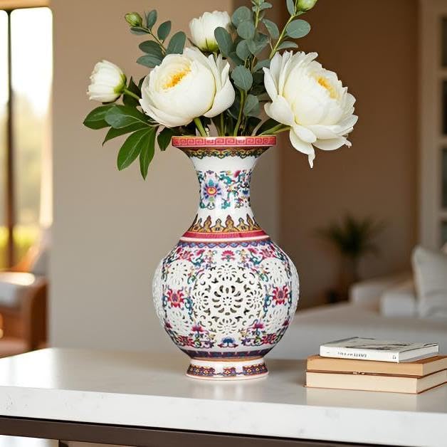MTME Porcelain Figurines, Jingdezhen Decorative Flower vase, Carved Bud Colorful vase, Wedding Gifts, Aesthetic Sculpture Home décor (Carved)