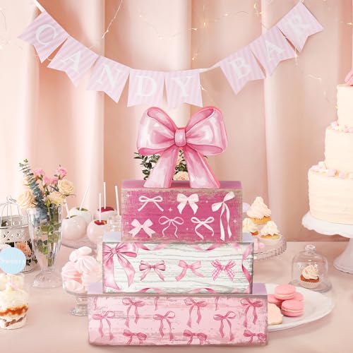 Conelist 4 Pcs Pink Bow Room Decoration Galentines Coquette Gift Pink Bow Block Sign Centerpiece for Table Gift for Teen Girl Birthday Bachelorette Bridal Wedding Baby Shower Valentines Party Supplies - style: Pink Bow