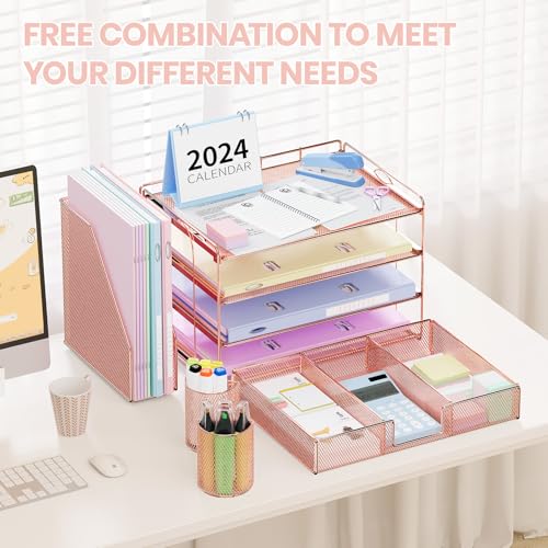 OPNICE Desk Organizer, 4-Tier Desktop File Organizer with Drawer and 2 Pen Holders, Office Desk Accessories, File Sorters, Workspace Organizers for Office Supplies(Rose Gold) - color: Rose Gold, size: 4-Tier