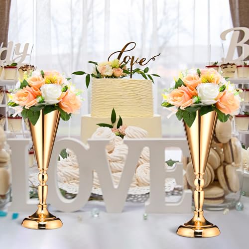 Potchen 6 Pcs Flower Trumpet Gold Vase Tabletop Centerpiece Gold Tall Flower Vases Bulk Wedding Table Decorative Centerpiece Table Decorations Arrangements for Floral Party Anniversary Birthday(M) - size: Medium