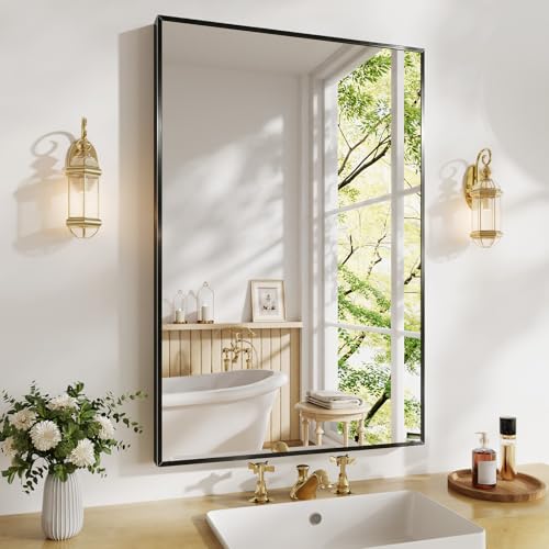 Koonmi Bathroom Mirror for Wall, 24"x36" Black Bathroom Mirror for Over Sink, Shatterproof Tempered Glass Vanity Mirror with Anti-Rust Aluminum Alloy Frame, Hang Horizontally or Vertically - color: Square Edged, size: 36"L x 24"W