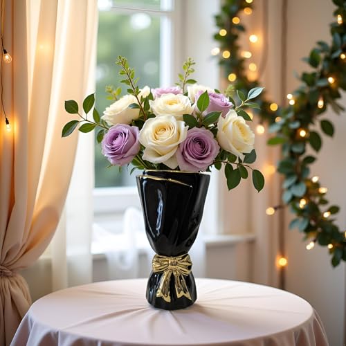 Black and Gold Bow Ceramic Vase - Flower Vases for Home Decor, Bow Decor, Boho Style, 9.65 Inch Flower Vases for Bouquet, Large Vase for Ideal Shelf Decor/Table (Black and Gold, Large) - color: Black and Gold
