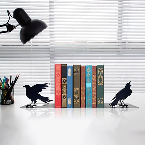 Raven Decor Gothic Room Bookends - Unique Raven Statue Designed for Shelves - Modern Decorative Book Holders for Kids