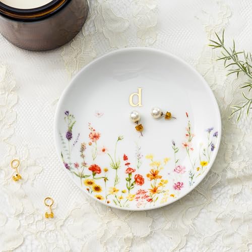 Crisky Initial Jewelry Tray Ring Dish & Gift Box, Ceramic Flower Trinket Dish for Rings Earrings Necklaces Keys, Bridal Shower Engagement Birthday Gift for Women, Friends 4.57" (Gold Foil D - style: Initial D