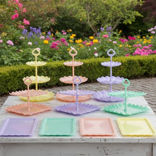 Pack of 10 NWK Cake Stand Set, with 3 x Two-Tier and 3 x Three-Tier Cupcake Stands, 4 x Appetizer Trays, 1 x Tablecloth for Birthday Bridal Baby Shower Party (Colorful) - color: Colorful