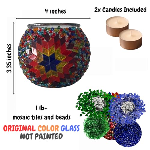 BYTURKISHLAMPS DIY Turkish Mosaic Candle Holder Kit & 1 Glass + 1LB+ Mosaic Tiles and Beads Bulk, Make Your Own Creative Glass and Garden Craft, Making Table Tealight for Adults, Teens, Family, Couple