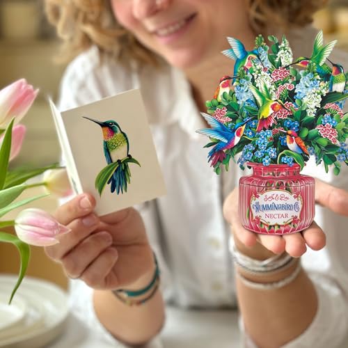 Freshcut Paper Pop Up Cards, Mini Hummingbird Oasis, 6 Inch Life Sized Forever Flower Bouquet 3D Popup Greeting Card, Birthday Cards, Thank You Card, Blank Notecard & Envelope - color: Hummingbird Oasis, size: Mini