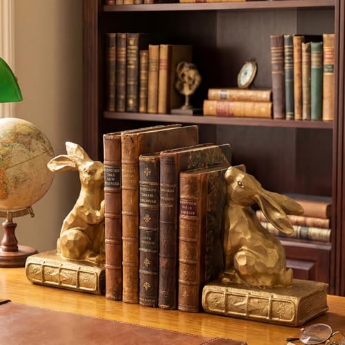 Tatuo 2 Pcs Decorative Rabbit Bookends for Shelves, Bunny Gift Book Ends for Heavy Books Animal Stopper Retriever Statues Bookends with Anti-Slip Base for Book Lover Home Bookshelf, Bronze - style: Rabbit