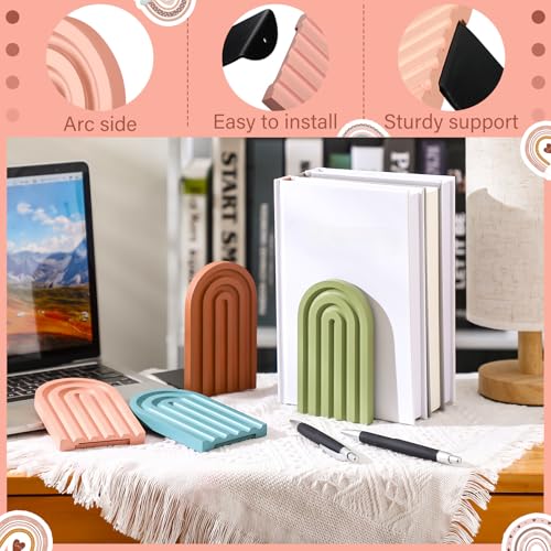 Harloon 4 Pcs Boho Arch Wooden Bookends, Decorative Rainbow Book Stoppers with Non-Slip Metal Base, 5x3x4 Inches, Cute Shelf Decor for Heavy Books, Home Office Study Desk Organizer(Bright Color) - color: Bright Color