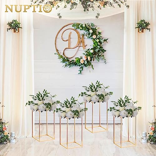 Nuptio 2 Pcs Metal Flower Floor Vase Column Flower Stand Geometric Centerpieces Vase for Tables, 15¾ inch Tall Gold Flower Holder for Home Party Wedding Decorations, Rectangular Flower Display Rack - size: 15¾" H x 2 Pcs