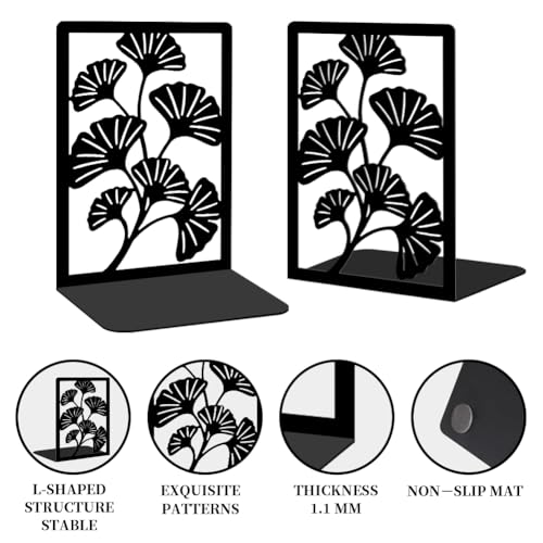Decorative Bookends, 2 Pcs Ginkgo Leaf Desk Bookends Sturdy Metal Book Organizers for Home Office and Study Room - style: Ginkgo Leaf