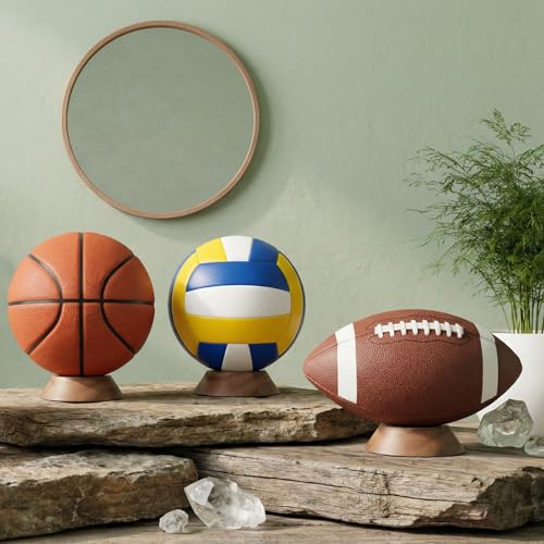 JUXYES Wooden Sphere Holder Display Stand, 3 Pack Large Wood Sport Ball Stand, Simple Round Display Easel Stands for Soccer Ball, Footballs, Baseball, Tolleyball, Basketball, Rugby - size: L - 3 PCS