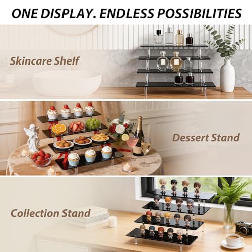 Acrylic Riser Display Stand, Black 4 Tier Cupcake Stand Display Risers Shelf Perfume Cologne Organizer Compatible with Funko Pop Food Dessert Makeup Skincare Cosmetics Lotion Organizer (1 PACK)