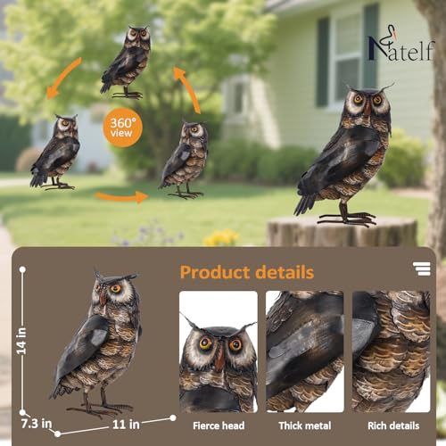 Natelf Garden Owl Sculptures & Statues, Standing Metal Bird Yard Art Sculpture for Patio Backyard Pond Outdoor Decorations (Brown-1) - color: Brown-1