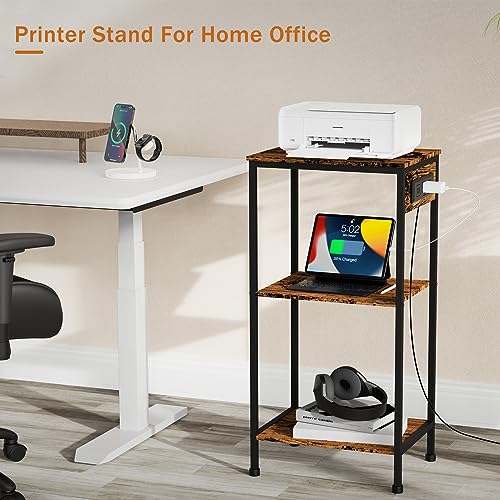 Asgolion Tall End Table with Charging Station, 3 Tier Narrow Tall Nightstand with Storage, Slim Side Table with USB Ports and Outlets for Bedroom, Living Room, Office, Rustic Brown and Black - color: Rustic Brown, style: With Outlet