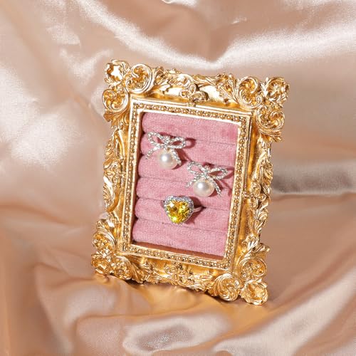 Vintage Ring Holder Rectangle Gold Velvet Display Stand - Baroque Jewelry Organizer Box Tray for Wedding Engagement Anniversary Women Birthday Christmas Gift Photograph Prop (MPF05-Gold Pink) - color: MPF05-Gold Pink