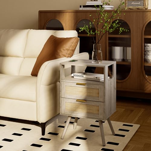 JOONEE Rattan Nightstand,Farmhouse Bedside Table with 2 Storage Drawer and Open Wood Shelf, for Bedroom and Small Spaces,Night Stand with Solid Wood Legs (Grey Oak) - color: Grey Oak