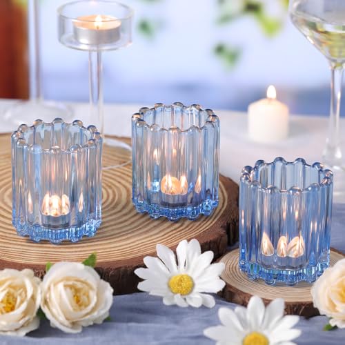 HAVITI Glass Blue Votive Candle Holder, Ribbed Votive Candle Holders Set of 12, Tealight Candle Holder for Wedding Centerpieces Dinner Party Table Decor - color: Blue