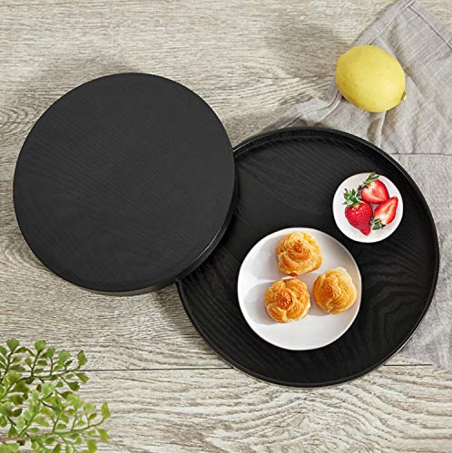 Round Wood Serving Tray, Solid Wooden Decorative Tray Non-Slip Tea Coffee Table Tray Snack Plate Food Meals Serving Tray with Raised Edges for Home Decor Kitchen Restaurant (8.2inch, Black) - size: 8.2"