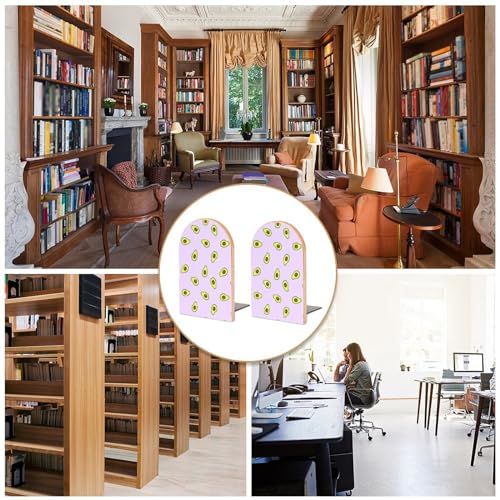 Wooden Bookends 2 Pcs,Avocado Purple Pattern Heavy Duty Office Book Ends Anti Slip Book Shelf Holder with Metal Base Decorative Book Stands - color: Avocado Purple Pattern