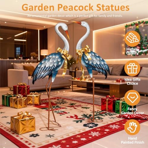 Kircust Outdoor Blue Heron Statues Metal Garden Crane Sculptures, Bird Yard Art Large 47-48 Inch, Set of 2, for Pond & Lawn Garden Decor, Gifts for Women, Men, Friends - color: Blue