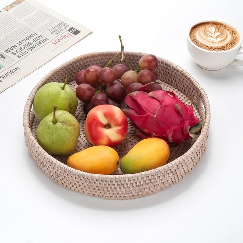 16.9" Round Rattan Tray, Hand Woven Serving Tray with Handles, Wicker Serving Basket, Decorative Tray for Home Decor, Whitewash - color: Whitewash, size: 16.9"