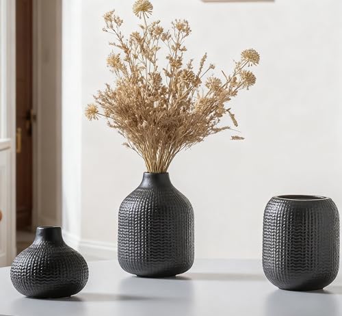 Black Ceramic Vases for Decor, 3 Set Weave Style Modern Minimalist Farmhouse Decoration for Table Shelf, Bookshelf Decoration - color: 14 Black