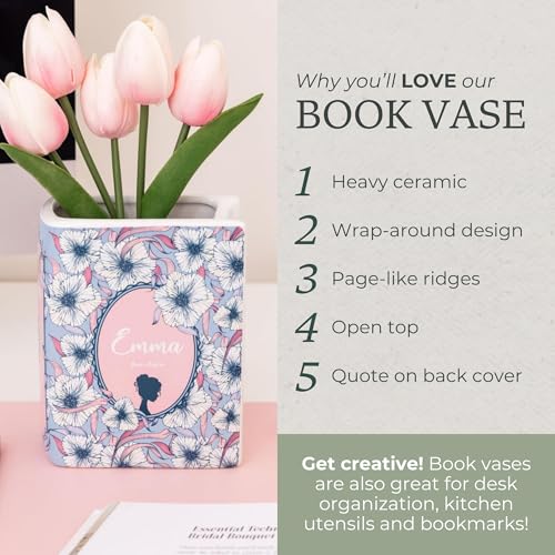 Steel Mill & Co Original Book-Shaped Decorative Vase, Ceramic Vases for Home Decor, Cute Bookshelf Decor, Unique Vase for Book Lovers (Small - Emma)