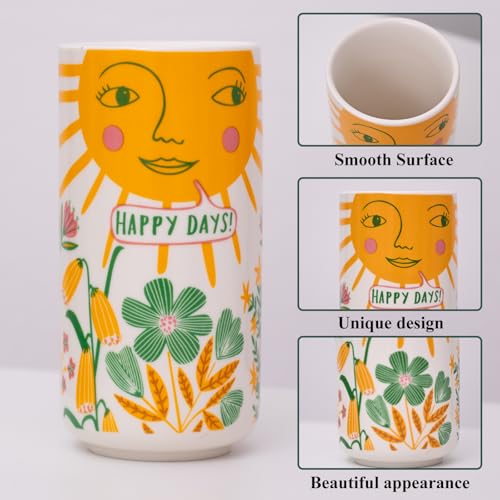 MOUGIGI Cute Small Ceramic Flower Vase-Colorful Boho Unique Round Design with Lively Smiley Patterns-Dopamine Decor Multi Use as Makeup Brush Holder, Pencil Pen Cup-Perfect for Weddings, Mother's Day - color: Sun Vase