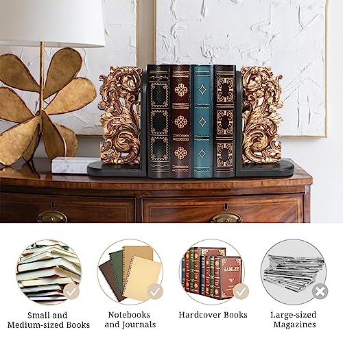 AELS Vintage Heavy Duty Bookends, Decorative Book Ends for Heavy Books, Unique Rustic Bookend Supports for Shelves, Stopper for Books/Movies/CD, Farmhouse Decoration, Bronze Gold & Black - color: Bronze Gold & Black