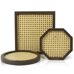 Apolos Co Decorative Tray Set of 3 - Handwoven Rattan Coffee Table Trays with Dark Wood Frame - Modern Boho Design Wicker Tray for Living Room, Centerpiece Décor - Round, Rectangular, Geometric Shapes