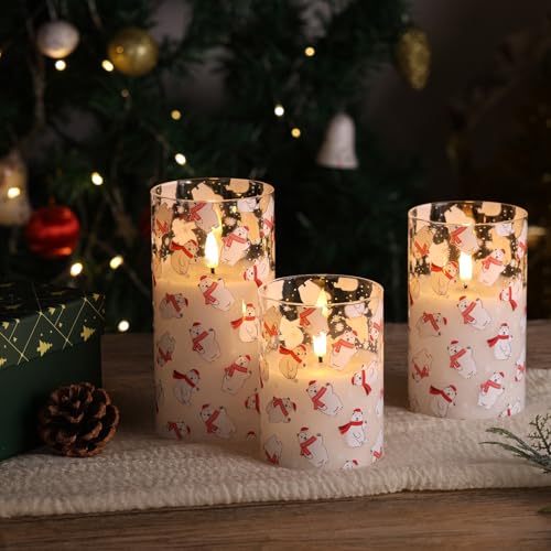 Eywamage Christmas Glass Flameless Pillar Candles with Remote, Flickering LED Battery Candles Bear Holiday Winter Table Decor Gift Set of 3 - color: Bear