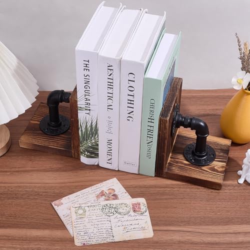 WADORN Decorative Book End, Handmade Heavy Duty Book Holders with Modern Industrial-Style Pipe Design Rustic Non-Skid Thickened Wooden Bookends for Home Library Office Desktop Bookshelf Decor