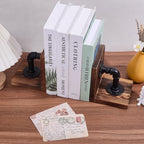 WADORN Decorative Book End, Handmade Heavy Duty Book Holders with Modern Industrial-Style Pipe Design Rustic Non-Skid Thickened Wooden Bookends for Home Library Office Desktop Bookshelf Decor