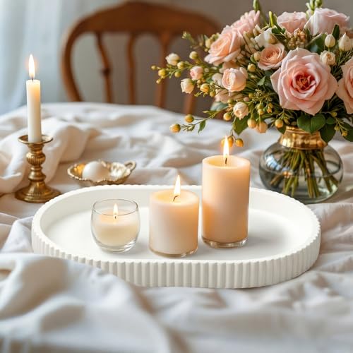 Leinuosen Decorative Concrete Tray with Scalloped Edge, Oval Serving Tray for Coffee Table, Ottomans, Living Room, Nightstand, Modern White Home Decor, 15.16" x 9.25"