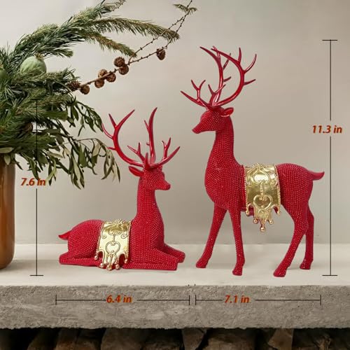 Set of 2 Modern Deer Statues for Home Decor, Handcrafted Resin Elk Sculptures with Intricate Beaded Texture, Elegant Animal Figurines for Living Room, Bookshelf, Office & Housewarming Gift - color: Red