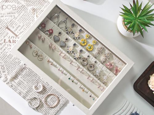 Coward Earring Organizer Tray Box, Beige Velvet Earring Jewelry Display Storage Tray Case with Transparent Glass Lid for Home Drawer or Shop Selling - color: Beige Velvet, size: Earring Box