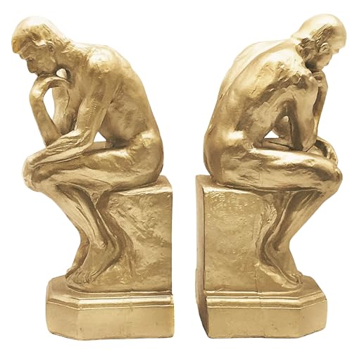 Bellaa 25594 Rodin Thinker Bookends Set of 2-9 Inch Golden Polyresin Auguste Statue Book Ends Heavy Duty Non-Skid