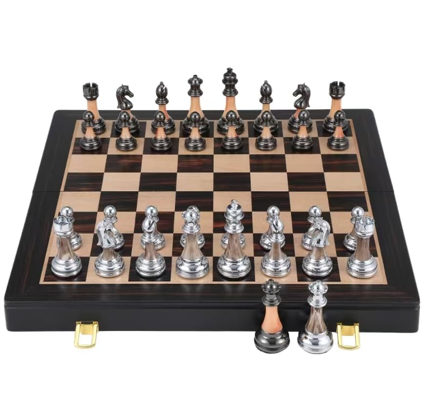 Luxury Large Metal & Acrylic Chess Set with Wooden Chess Board (17”) – Weighted Chess Pieces with 3.5” King, Foldable Tournament Chess Set for Adults & Kids, Professional Chess Game Set