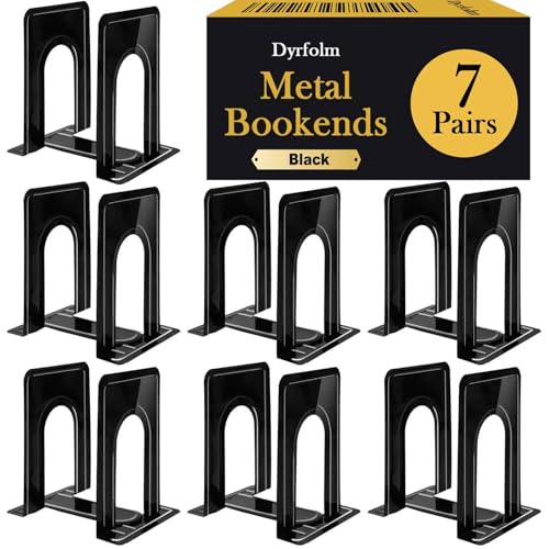 14 PCS/7 Pair Black Metal Bookends, 6.5 x 4.9 x 5.7in Heavy Duty, Non-Skid, Universal Book Stopper