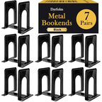 14 PCS/7 Pair Black Metal Bookends, 6.5 x 4.9 x 5.7in Heavy Duty, Non-Skid, Universal Book Stopper