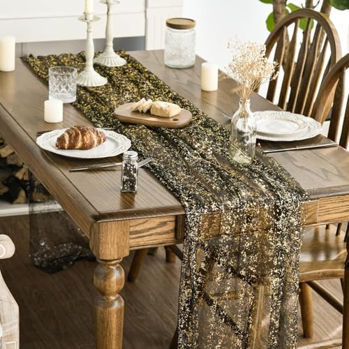 Artoid Mode 3Pcs Black Gold Gauze Table Runner 120 Inch 10FT, Glitter Metallic Foil Sheer Dining Wedding Anniversary Holiday Birthday Table Decor for Home Party - color: Black Gold, size: 28" x 120", 3pc