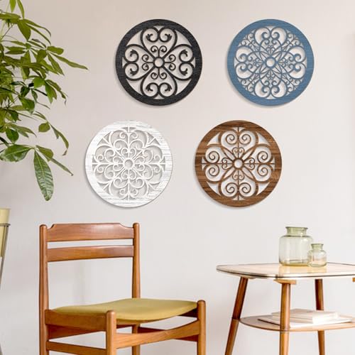 Zzbakress 4 Pieces Farmhouse Wall Decor Rustic Circle Wall Decor Wooden Hollow Carved Round Wall Art for Living Room Bedroom Kitchen Bathroom Home Wall Decoration (Delicate, Colorful) - color: Delicate, Colorful