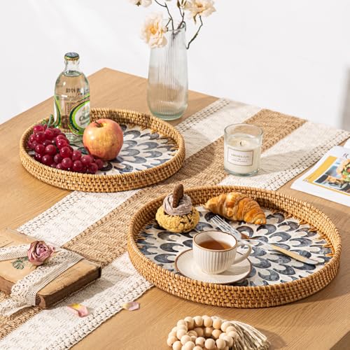 14 inch Round Rattan Tray Home Decor, Wicker Serving Tray with Mother of Pearl Inlay, Boho Decorative Tray for Coffee Table, Ottoman, Kitchen Table, Bathroom (Coastal Blue) - color: Coastal Blue, size: 14 inch