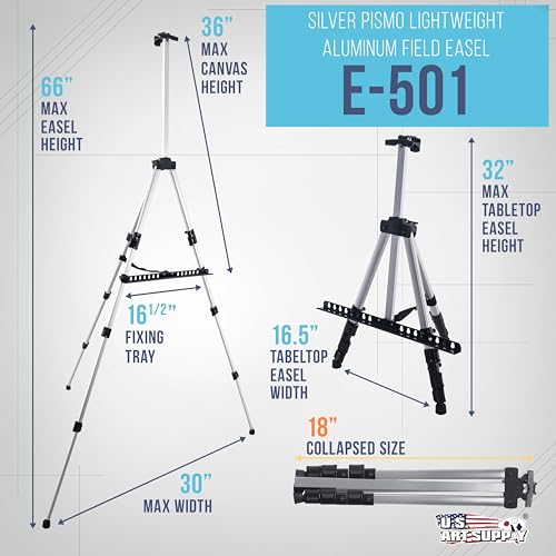 U.S. Art Supply 66" Silver Metal Tripod Easel Display - Adjustable 18"- 5.5', Holds 36" Canvas - Floor/Tabletop Easel Stand, for Sign Display, Painting, Poster Board, Canvas - Portable Bag