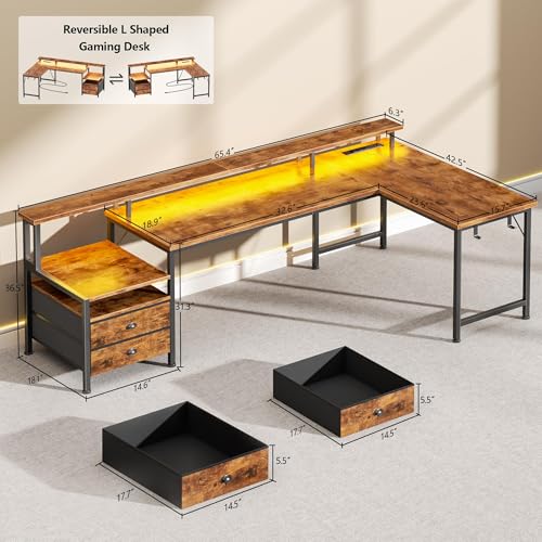 66'' L Shaped Desk with Power Outlets and USB-C Port, Reversible Office Desk with drawers and Storage Shelves, Computer desk with Led Lights and Host stand for Home Office, Gaming, Work, Rustic Brown - color: Rustic Brown
