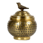 Round Hammered Metal Container with Bird Finial, Brass Finish - style: Bird